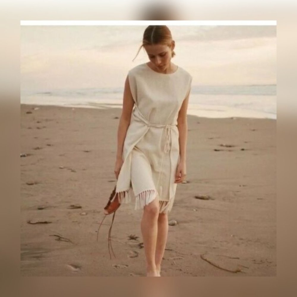 Doen Nellcote Nutmilk Noil Wrap Mini Dress XS Women's Casual Fringes NEW 19200